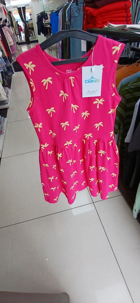 Fame forever Girls' Pink Palm Tree Print Cotton Dress