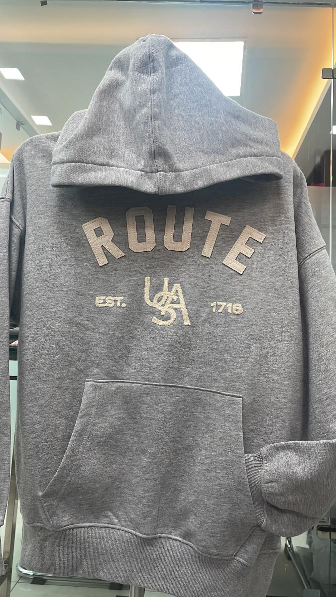 Grey Cotton Blend Hoodie with "Route USA" Print view 1