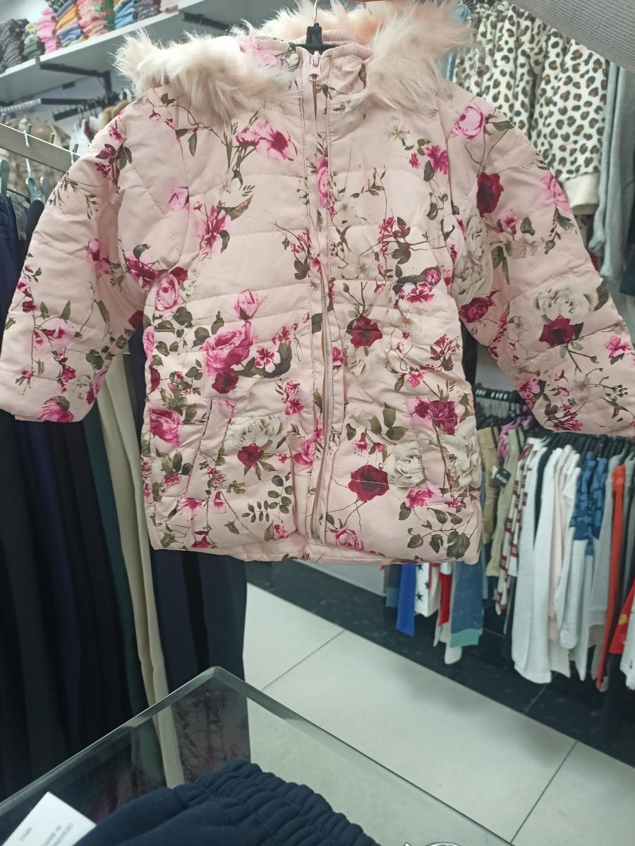 Pink& Blue Floral Print Padded Jacket with Fur Hood view 1